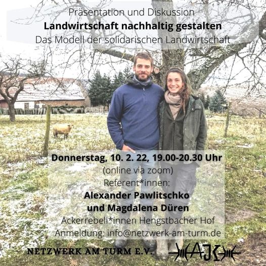 Plakat zur Veranstaltung mit den beiden Referent*innen: Alxander Pawlitschko und Magdalena Düren von den Ackerrebell*innen