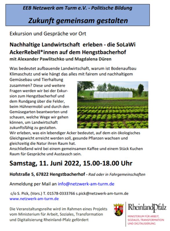 Bildschirmfoto der Einladung mit Termin und Text zu Inhalten der Exkursion. Und einem Foto von einem großen Beet mit viel Salat. 