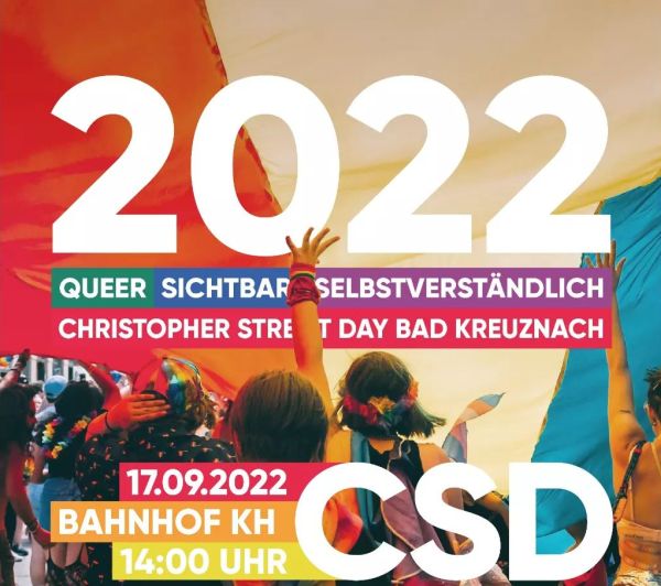 Plakat zum Christopher Street Day in Bad Kreuznach, mit Termininfos: 17.09.2022, Bahnhof KH, 14 Uhr.