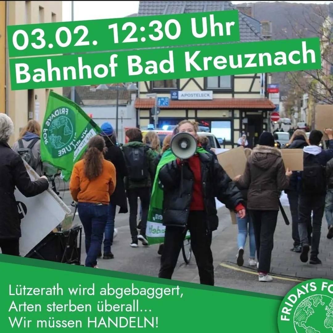 Plakat mit Aufruf zur Demonstration am 3.2. um 12:30 Uhr, Bahnhof Bad Kreuznach