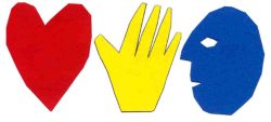 Logo der Don-Bosco-Schule: Drei handgemalte Teile nebeneinander: Ein rotes Herz, eine gelbe Hand, ein blauer Kopfvon der Seite.